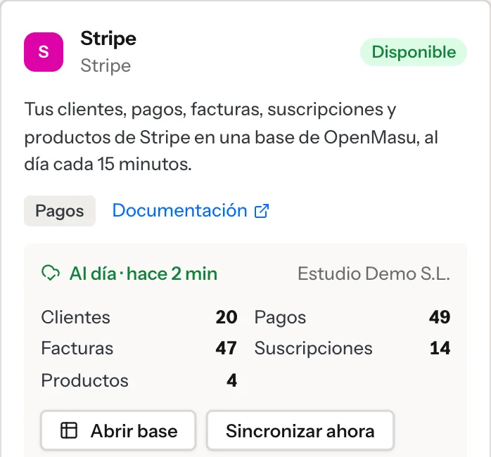 Conector de Stripe en el marketplace: al día hace 2 minutos, con 20 clientes, 49 pagos, 47 facturas, 14 suscripciones y 4 productos